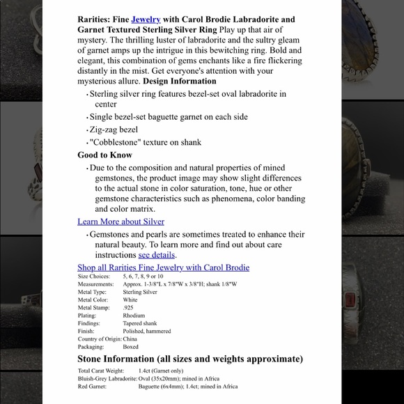 Carol Brodie Labradorite & Garnet SS Ring - Picture 6 of 8